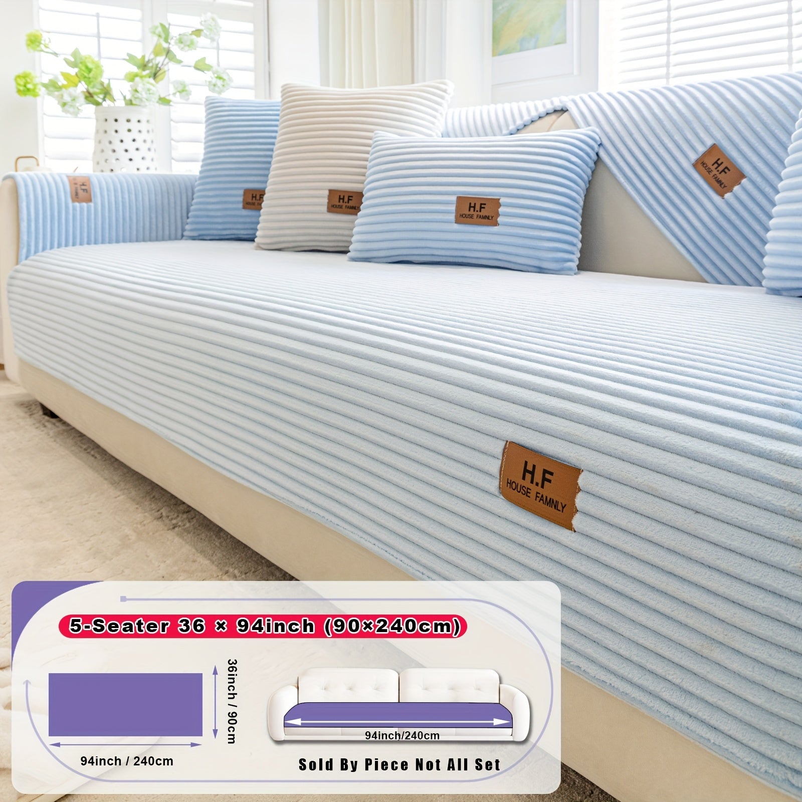 1pc HF Modern Plush Flannel Sofa Cushion Cover - Pet-Friendly Non-Slip Sofa Protector with Striped Design & Leather-Like Patches, Machine Washable Furniture Cover for 3/2/4-Seater, Living Room, Bedroom, Office Decor, Bedroom