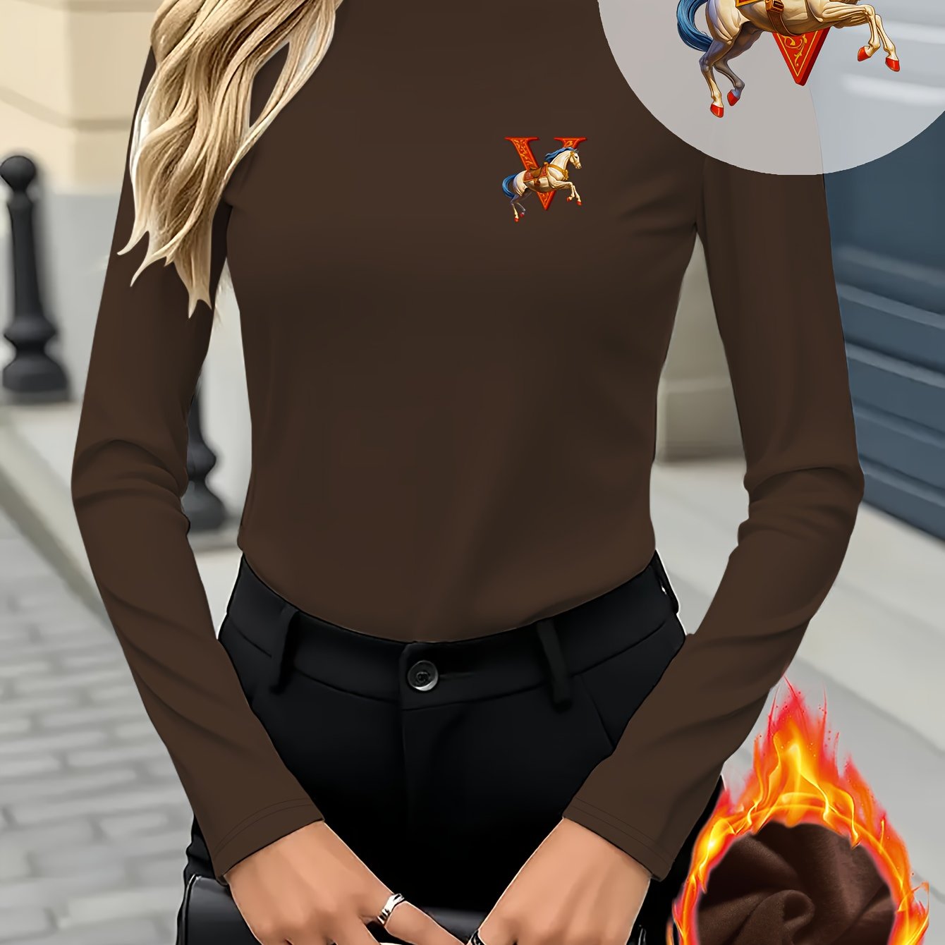 Women's Elegant Half-Turtleneck Long Sleeve Shirt with Royal V-Mark Equestrian Print - Soft Stretch German Fleece-like Fabric, Warm Winter Top for Casual & Formal Outfits, Horseback Riding Motif & Letter V Design, Versatile L