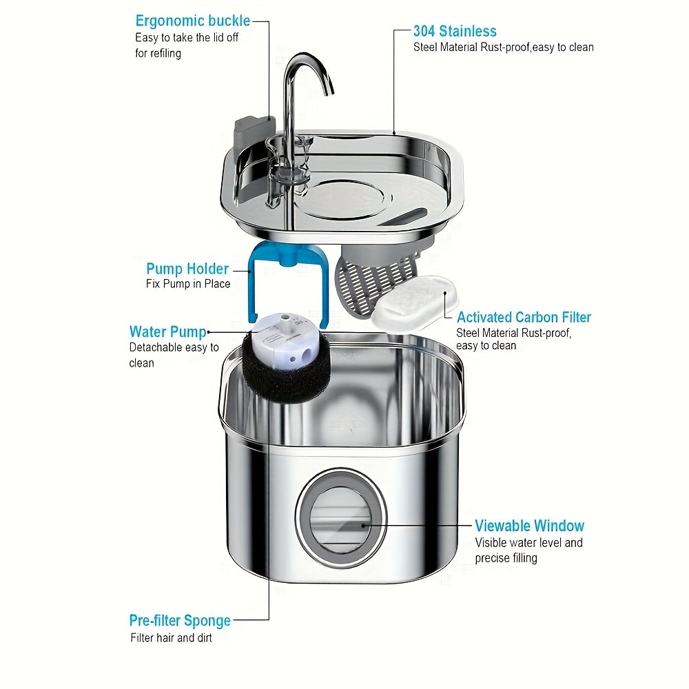 3.2L/108z Automatic Cat Water Fountain Stainless Steel Pet Water Feeder Dog Water Fountain with window Multi-Filtration System Silent Suitable for Many Pets Easy to Clean 2 Flow Mode plug-in Cat and Dog Water Feeder No 5V 1A