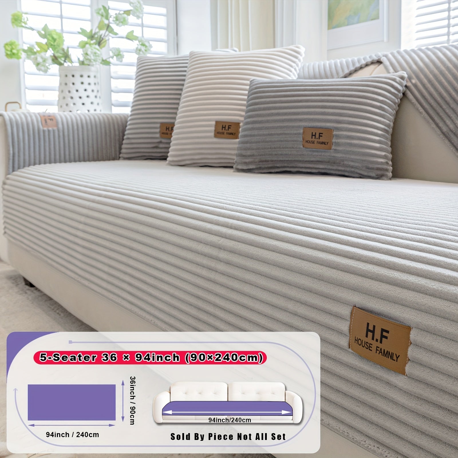 1pc HF Modern Plush Flannel Sofa Cushion Cover - Pet-Friendly Non-Slip Sofa Protector with Striped Design & Leather-Like Patches, Machine Washable Furniture Cover for 3/2/4-Seater, Living Room, Bedroom, Office Decor, Bedroom