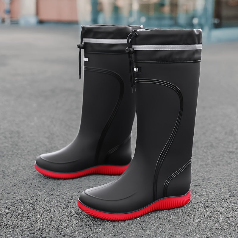 Stivali da Pioggia Unisex in PVC - Neri con Dettagli Rossi e Lati Elastici