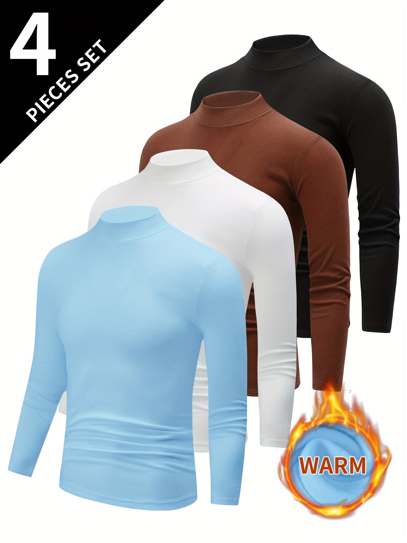 4pcs Men's Thermal Base Layer Long Sleeve Round Neck T-Shirts - Solid Color Warm Winter Layering Shirts, Casual Underwear for Cold Weather, Hand Washable (Bulk Pack for Easy Organization) - Compatible with Jeans & Dress Pants