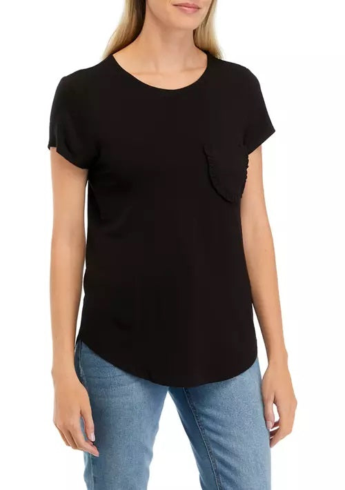 Cupio crew neck cap sleeve chest pocket stretch crepe top