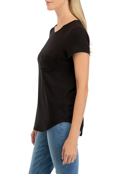 Cupio crew neck cap sleeve chest pocket stretch crepe top