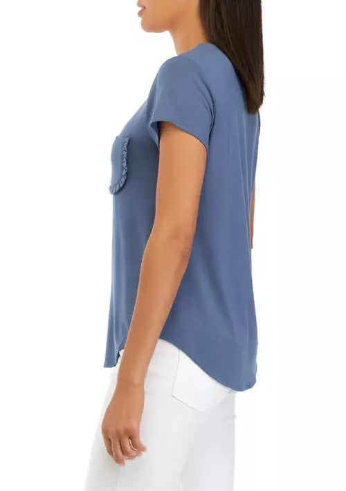 Cupio crew neck cap sleeve chest pocket stretch crepe top