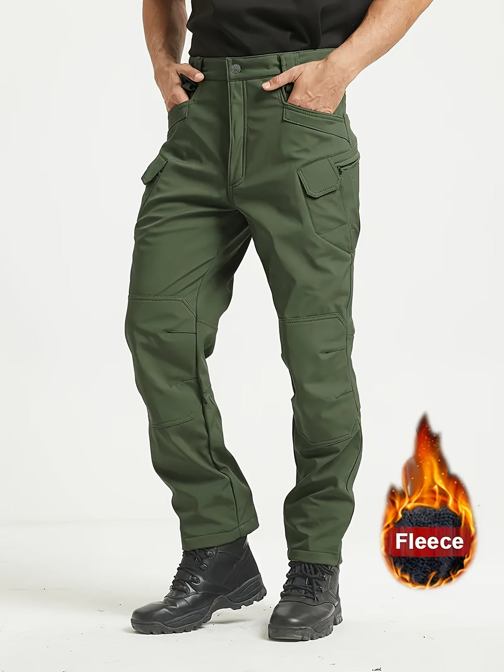 1pc Men's Fleece-Lined Warm Tactical Cargo Pants, Winter Thickened Style with Multiple Front and Back Zippers & Side Slanting Flap Patches for Outdoor Hiking/Fishing, Cold Weather Clothing, Fishing Pants, Rugged Design, Tacti