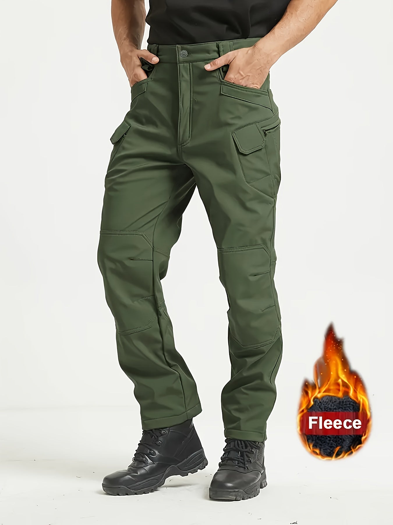1pc Men's Fleece-Lined Warm Tactical Cargo Pants, Winter Thickened Style with Multiple Front and Back Zippers & Side Slanting Flap Patches for Outdoor Hiking/Fishing, Cold Weather Clothing, Fishing Pants, Rugged Design, Tacti