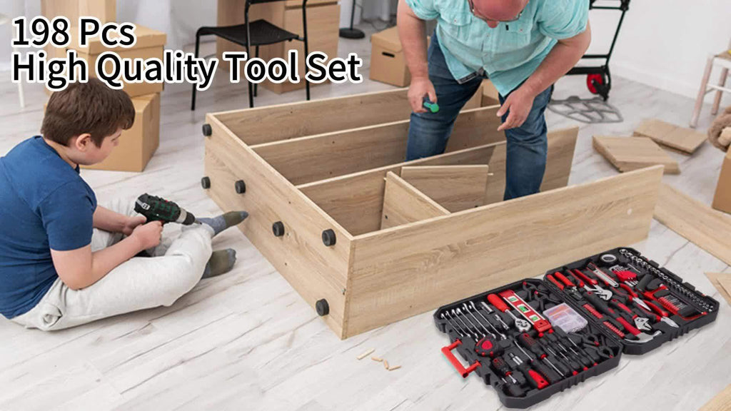 198pcs Heavy-Duty Industrial Hand Tool Set with Socket Wrenches, Screwdrivers, Pliers & Hammer - All-in-One Portable Toolbox with Sturdy Carrying Case, Ergonomic Handle & Organized Compartments - Ideal for Auto Repair, Home M