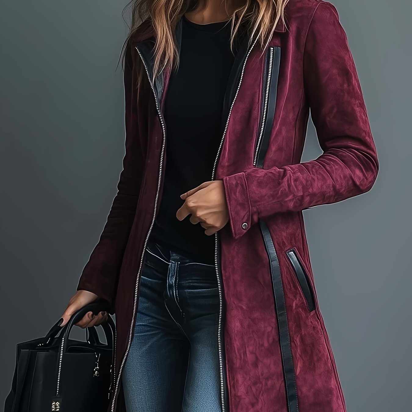 Women's Burgundy Collar Jacket - Retro Notch Coat with Black Piping Trim, Structured Fall Outerwear, Machine Washable Casual to Dressy Blazer for, Parties & Casual Attire (No)