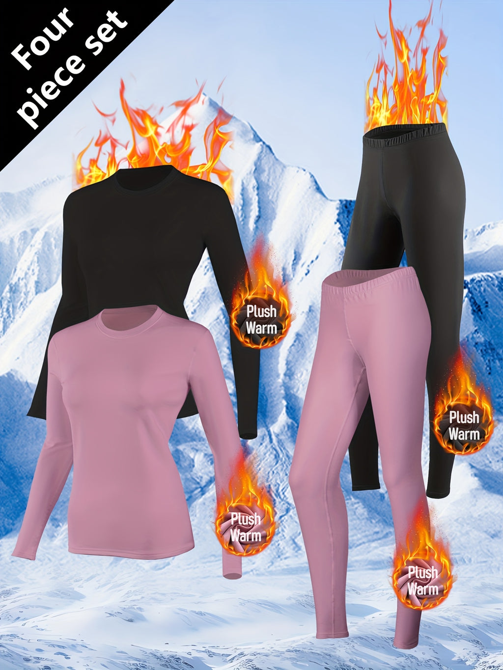 4pcs Autumn Set for Women: Warm Underwear, Fleece-Lined Thermal Base Layer Top and Pants for Winter