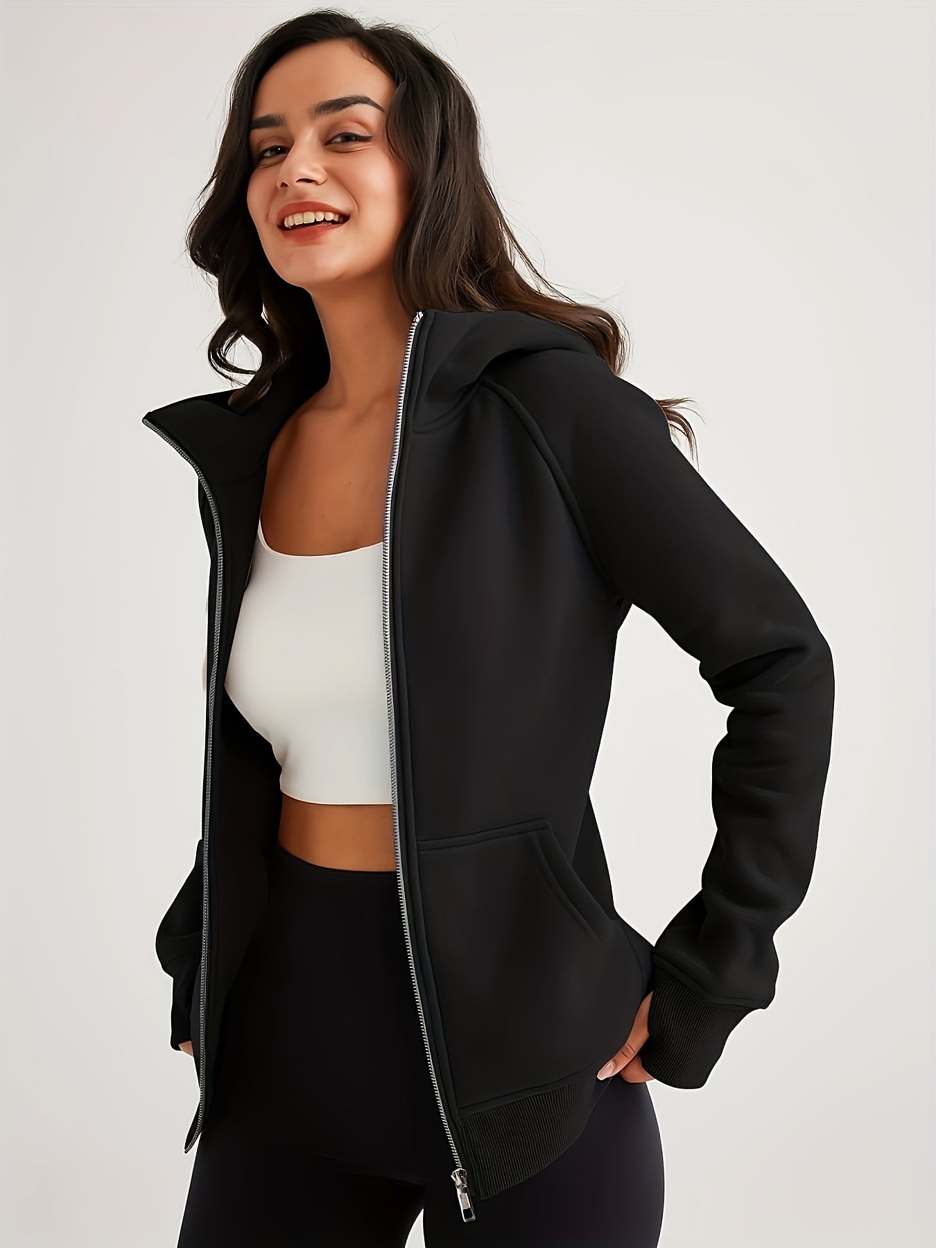 Women'S Casual Hooded Sweatshirt - Black, Long Sleeve, Zip-Up with Pockets, Cozy Fall/Winter Pullover for Casual Attire, Casual Wear Hoodie | Zipup Hoodie | Glossy Finish Fabric