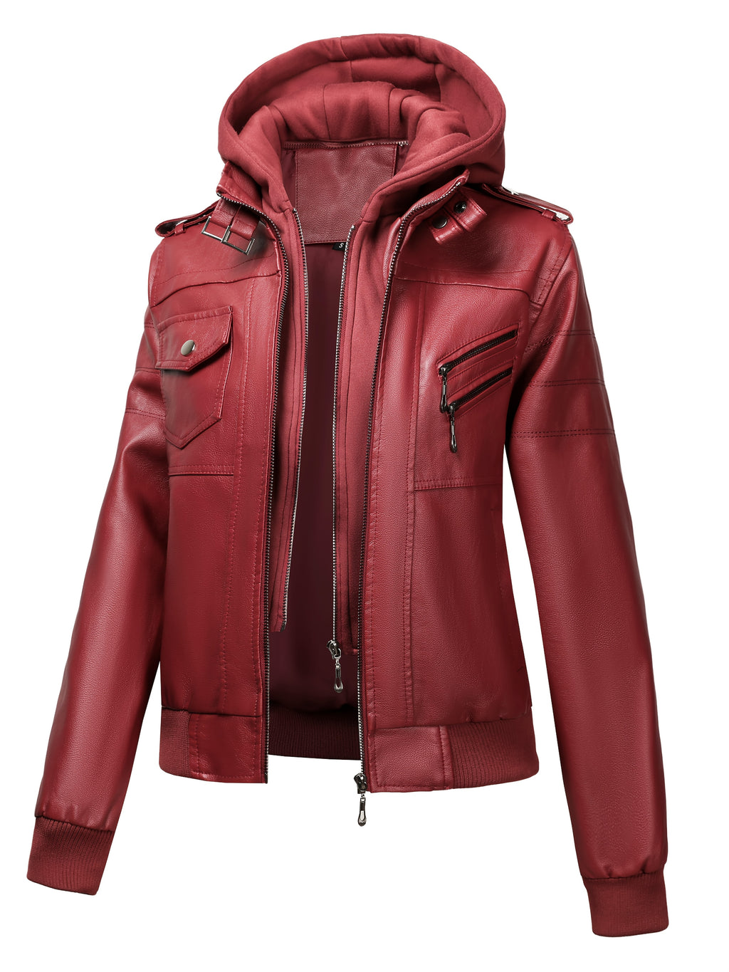 PUPU Women's Retro Leather Jacket - Black Long Sleeve Zipper Front Jacket with Pockets, Machine Washable Casual Outerwear for All Seasons