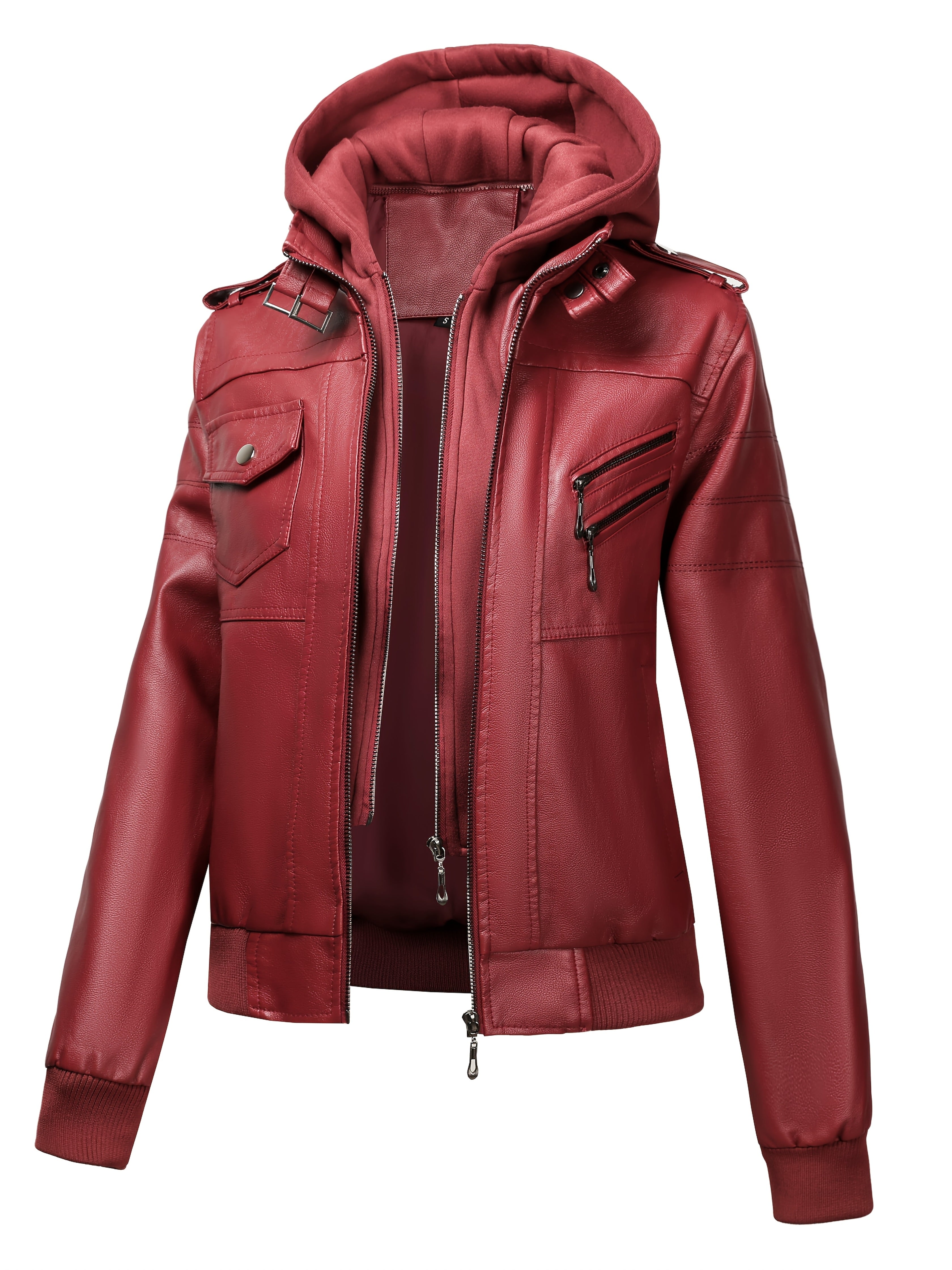 PUPU Women's Retro Leather Jacket - Black Long Sleeve Zipper Front Jacket with Pockets, Machine Washable Casual Outerwear for All Seasons