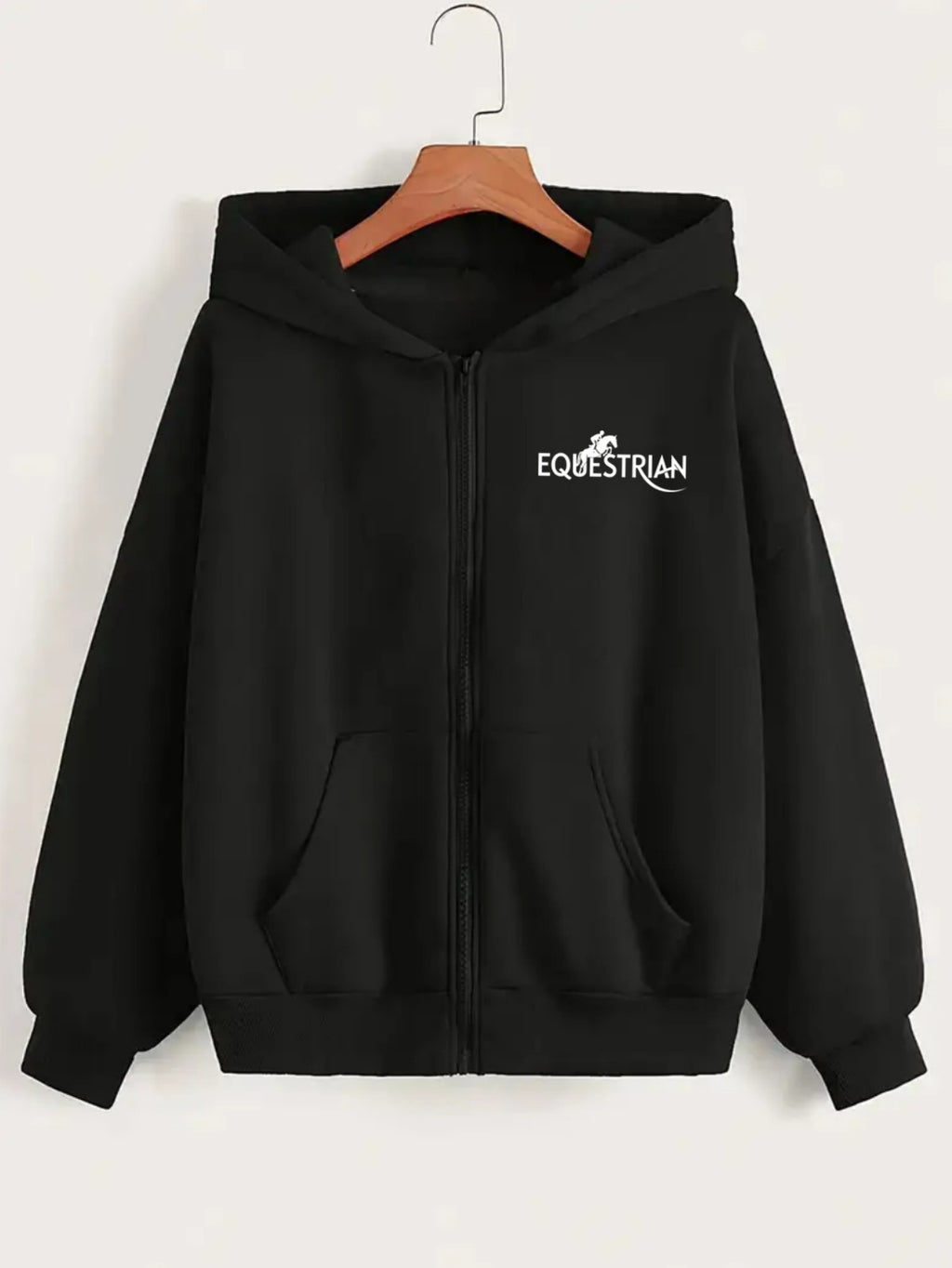 Women's Equestrian Print Hooded Zip-Up Jacket - Horse Head & Lettering Design, All-Season Casual Sportswear Coat, Machine Washable Relaxed Fit Outerwear for Horseback Riding & Everyday Use