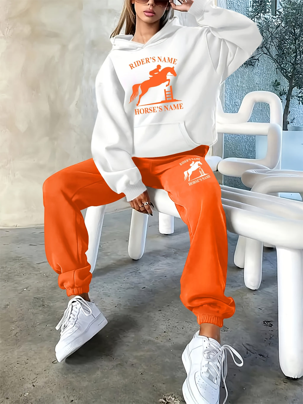 2025 Autumn/Winter New Arrival, Rider and Horse Pattern, Casual Letter Print Loose Warm Long Sleeve Hooded Sweatshirt and Drawstring Pants Women'S Two-Piece Set, Winter Clothing, Casual Wear, Trendy Outfit, Hooded Sweatshirt,