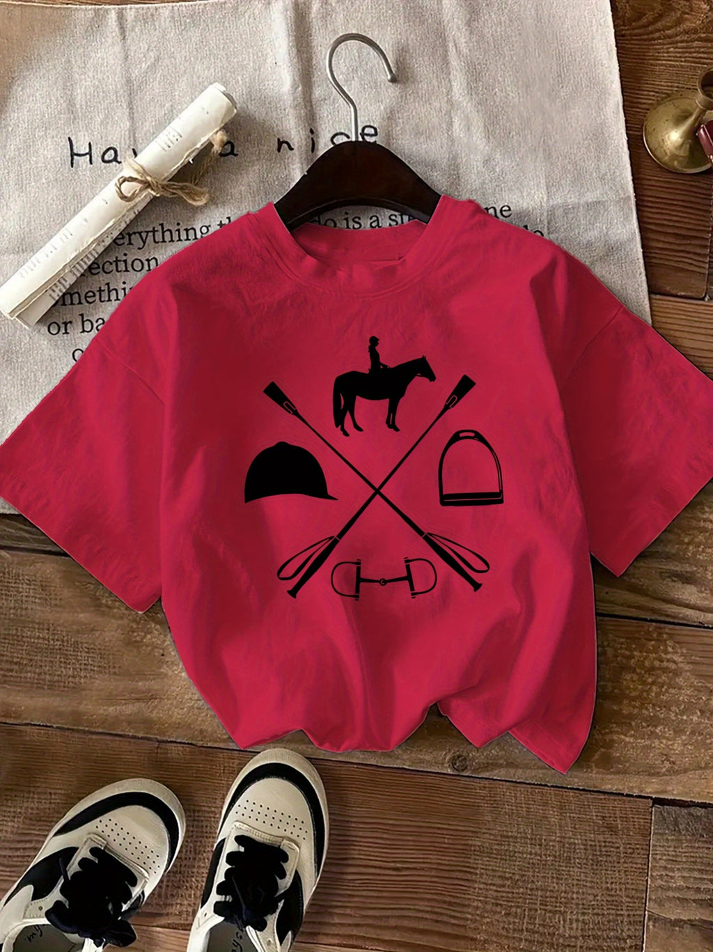 Women's Equestrian & Geometric Print Short Sleeve Crew Neck T-Shirt - Vibrant Red with Black Horseback Riding Design, Breathable Machine-Washable Casual Top for Summer, Spring & All-Season Wear, Horse Shirt, Summer Fashion, S