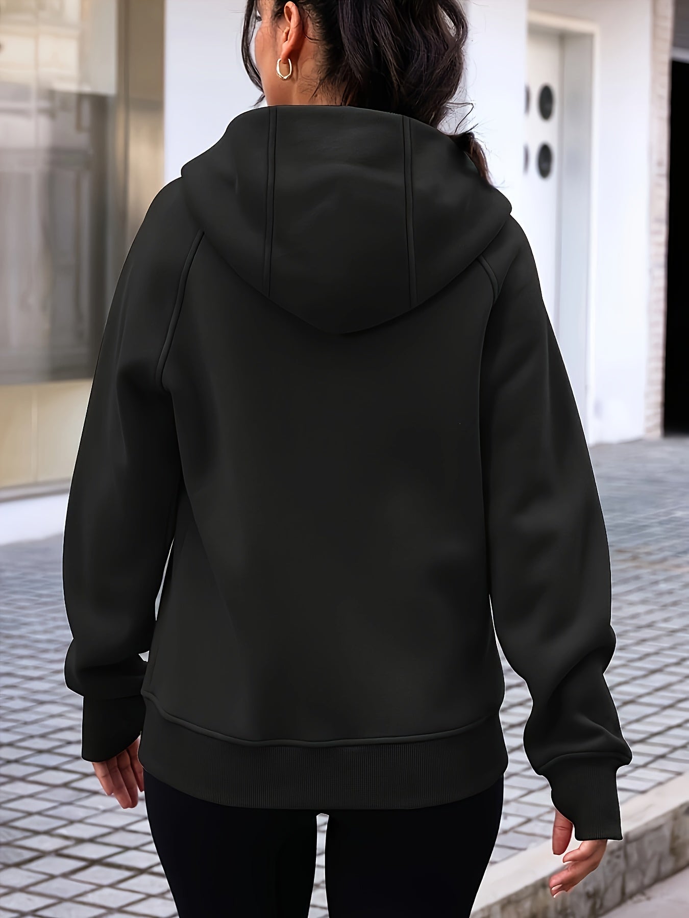 Women'S Casual Hooded Sweatshirt - Black, Long Sleeve, Zip-Up with Pockets, Cozy Fall/Winter Pullover for Casual Attire, Casual Wear Hoodie | Zipup Hoodie | Glossy Finish Fabric
