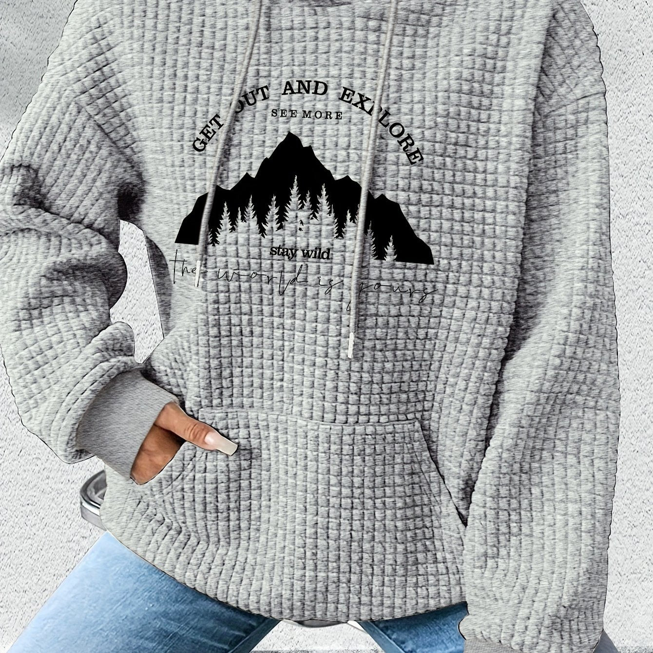 graphic print hoodie, drawstring casual hooded sweatshirt for winter & fall, Women's clothing, Loungewear, Winter Fashion, Urban Style, Geometric Pattern, Cozy Fabric, Quality Stitching, Unisex Style, Printed Hoodie, Women's