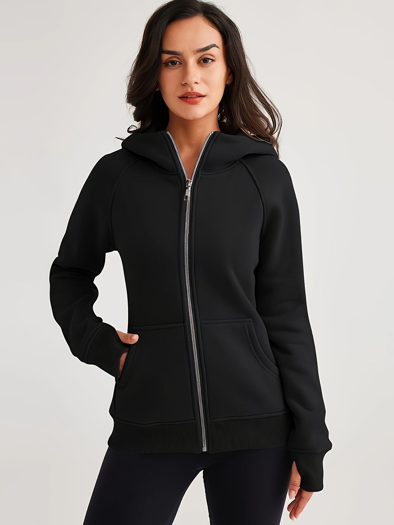 Women'S Casual Hooded Sweatshirt - Black, Long Sleeve, Zip-Up with Pockets, Cozy Fall/Winter Pullover for Casual Attire, Casual Wear Hoodie | Zipup Hoodie | Glossy Finish Fabric