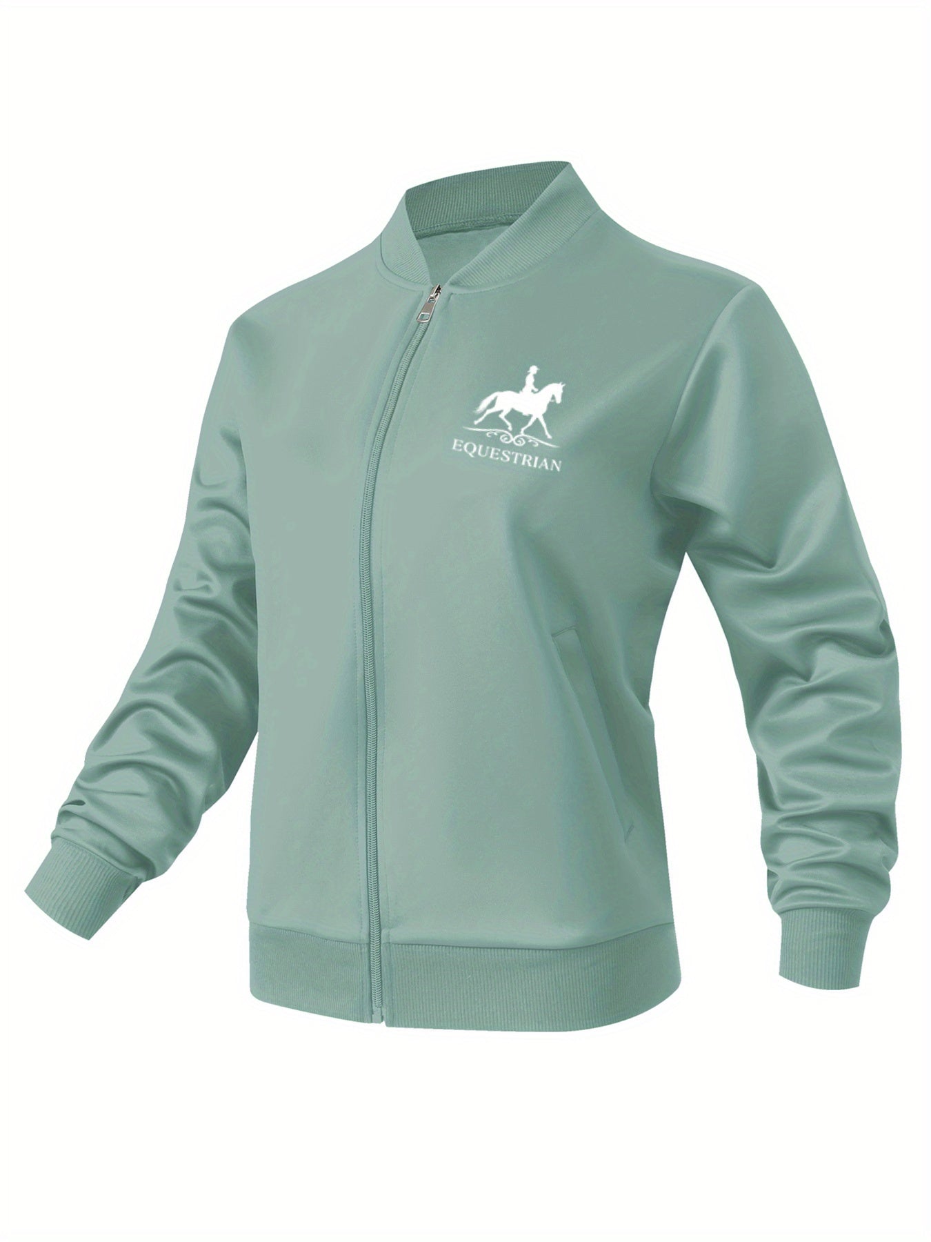 Women's Equestrian Print Casual Jacket - All-Season Comfort with Baseball Collar & Zip-Up Design, Long Sleeve Machine-Washable Coat with Pockets for Outdoor Activities, Equestrian Apparel, Durable Zipper Closure