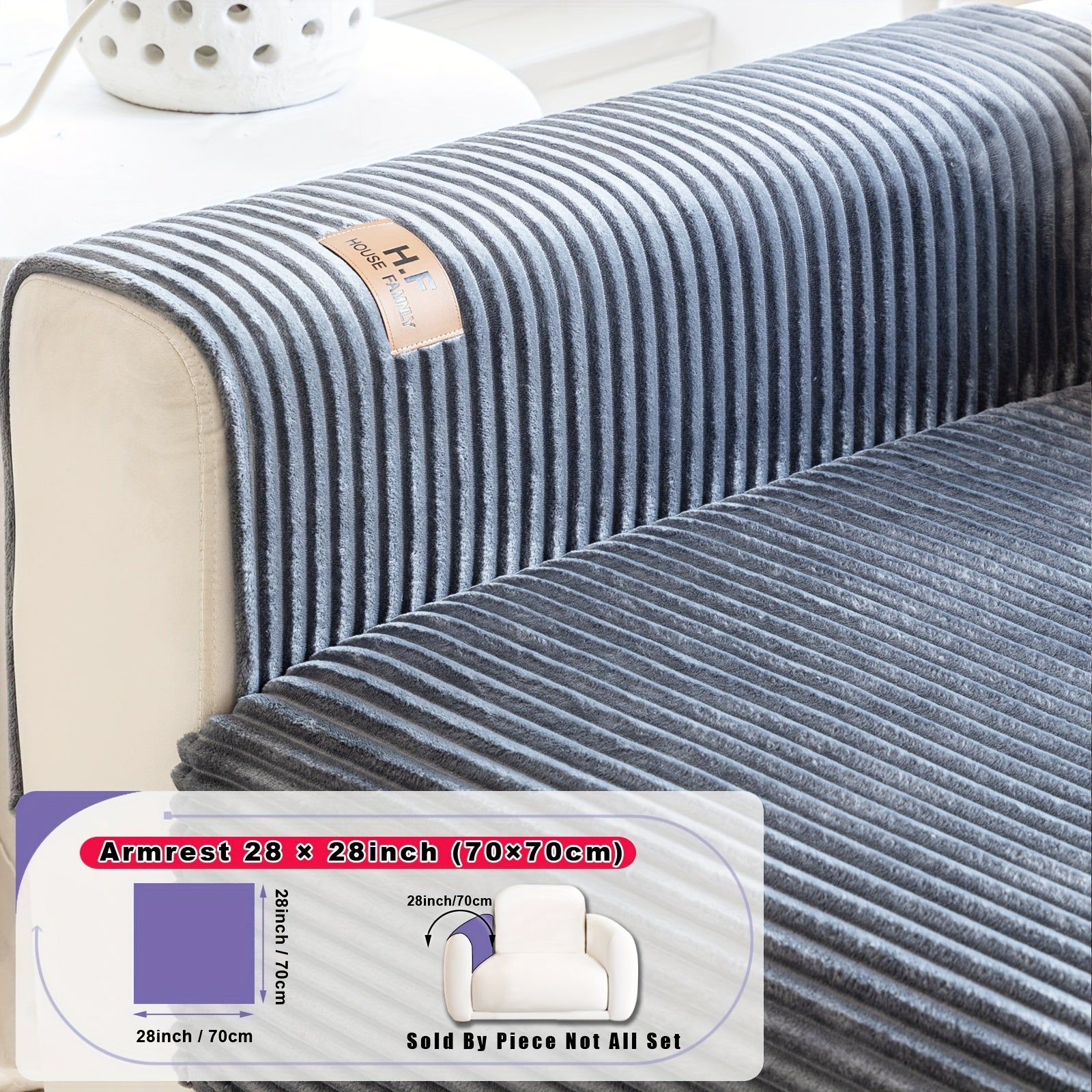 1pc HF Modern Plush Flannel Sofa Cushion Cover - Pet-Friendly Non-Slip Sofa Protector with Striped Design & Leather-Like Patches, Machine Washable Furniture Cover for 3/2/4-Seater, Living Room, Bedroom, Office Decor, Bedroom