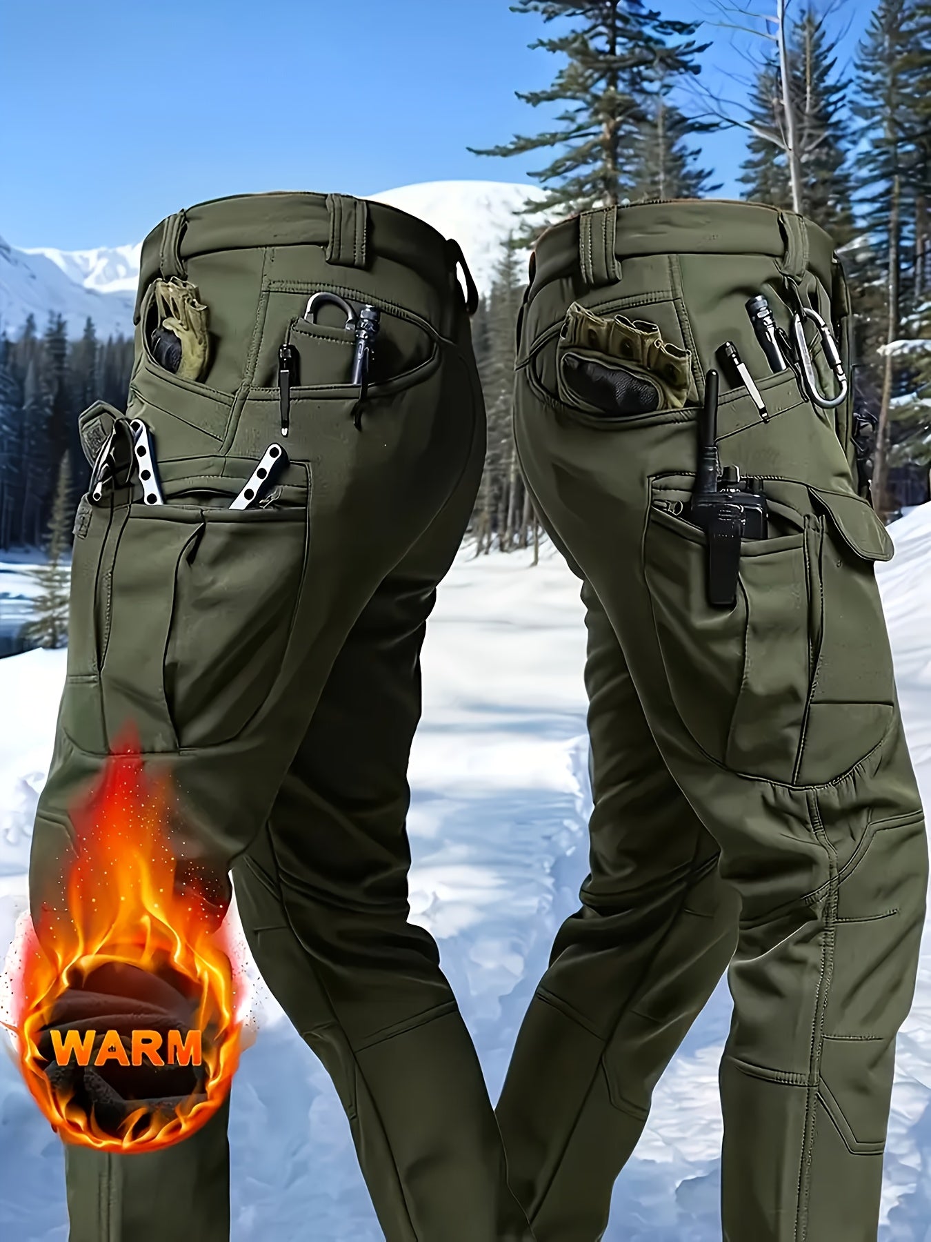 1pc Men's Fleece-Lined Warm Tactical Cargo Pants, Winter Thickened Style with Multiple Front and Back Zippers & Side Slanting Flap Patches for Outdoor Hiking/Fishing, Cold Weather Clothing, Fishing Pants, Rugged Design, Tacti