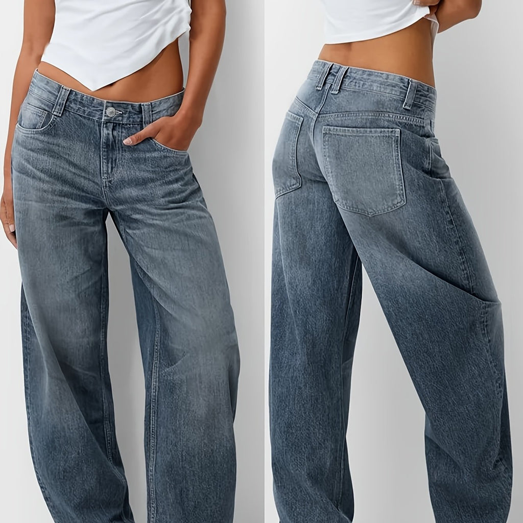 Women'S Y2K Vintage Washed Denim Jeans - Low-Rise Baggy Straight-Leg Pants, Non-Stretch Comfort Fit for Casual & Streetwear, Retro 90s Style, Light Blue, Button Closure, All-Season Wear, Casual Attire Jeans | Vintage Washed J