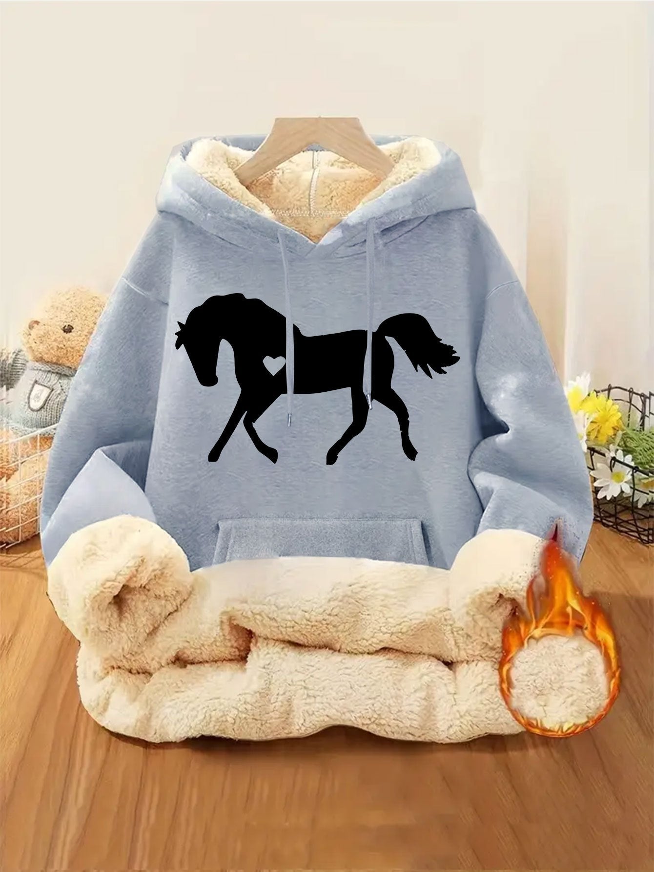 Women's Horse Print Hoodie Jacket - Pocket & Adjustable Hood, Cozy Winter Warm Pullover, Casual Long Sleeve Sizes XS-XXL (Machine Washable) - Fall & Winter Outerwear for Horseback Riding & Casual Attire