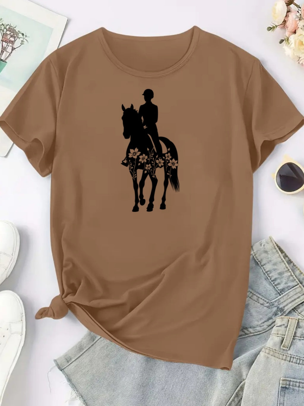 Women'S Equestrian Graphic Tee - Soft Breathable Quick-Dry Polyester Blend T-Shirt, Black with White Horseback Rider Design, All-Season Casual Shirt for Horseback Riding, Everyday Outfits & Themed Events - Easy Care Round Nec