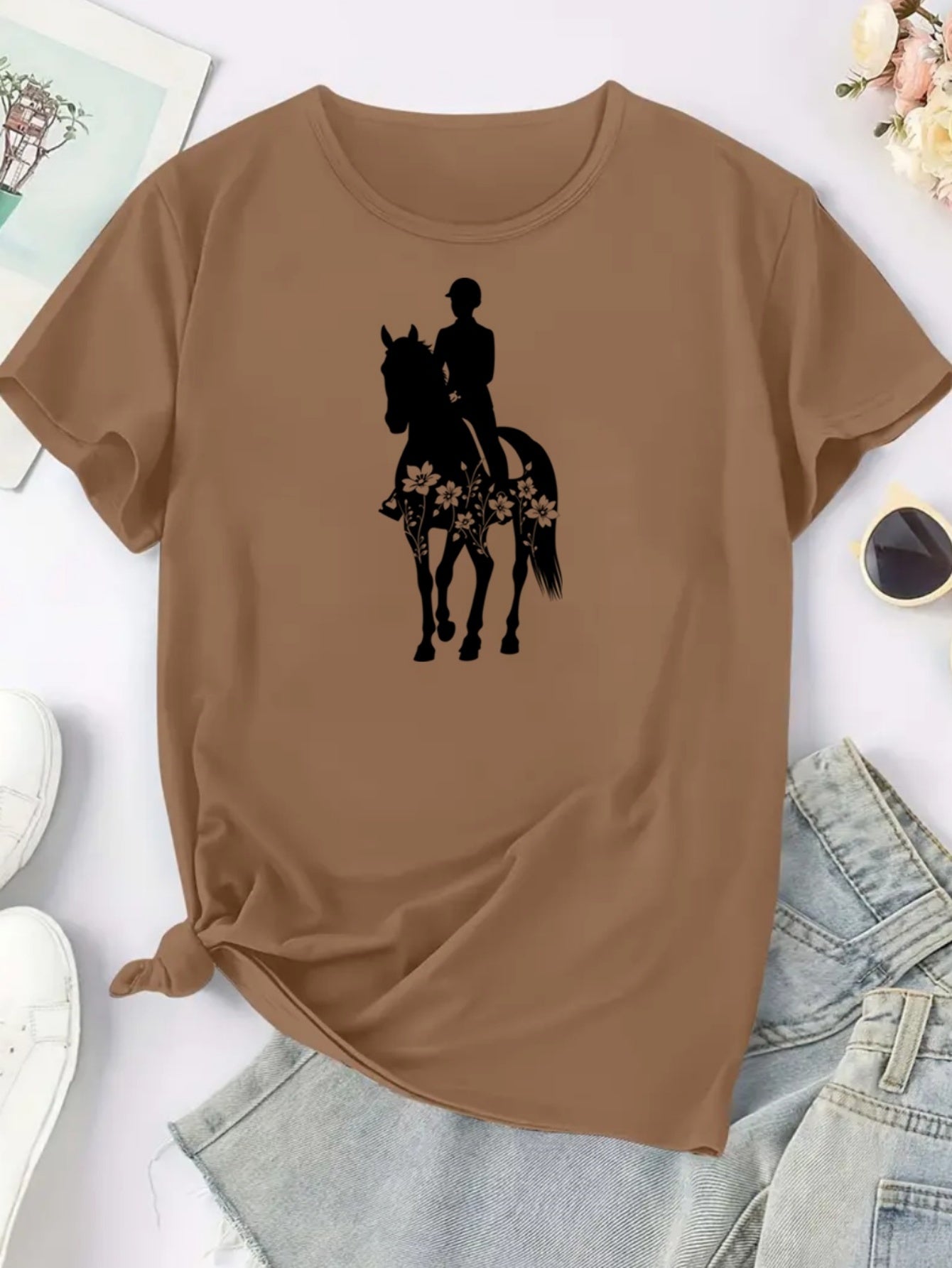 Women'S Equestrian Graphic Tee - Soft Breathable Quick-Dry Polyester Blend T-Shirt, Black with White Horseback Rider Design, All-Season Casual Shirt for Horseback Riding, Everyday Outfits & Themed Events - Easy Care Round Nec