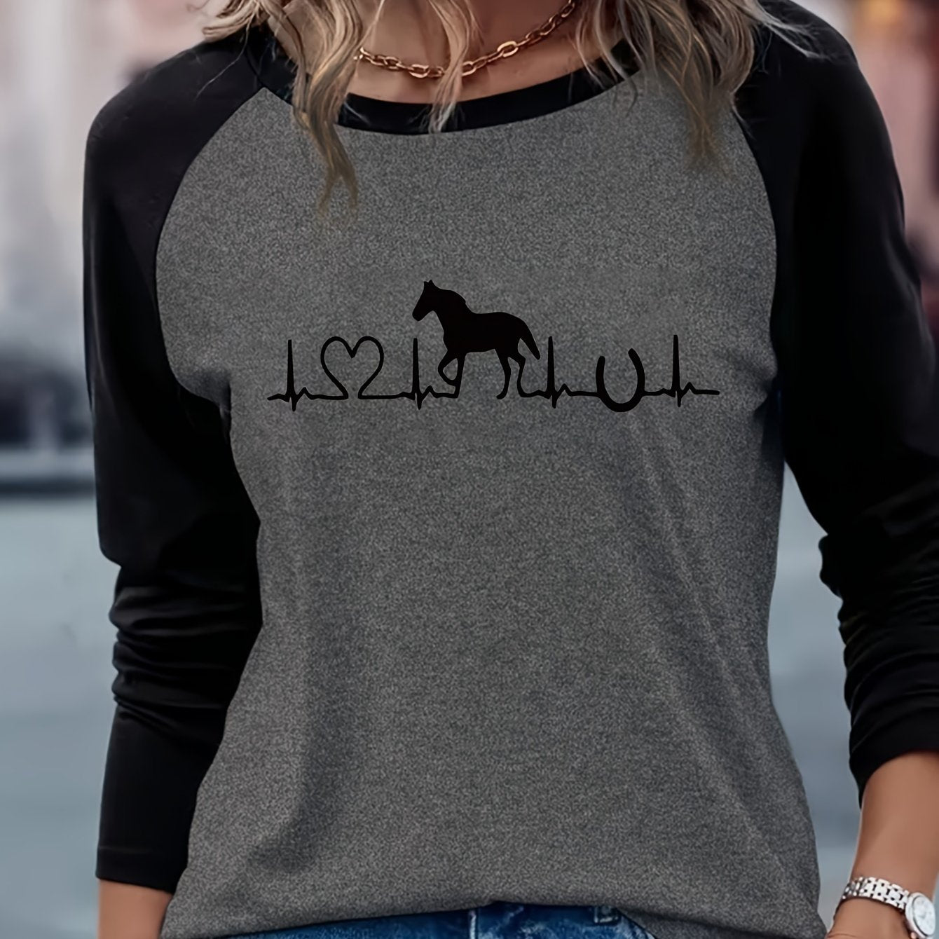 1pc Women'S Casual Horse Heartbeat Graphic T-Shirt, Polyester Knit Crew Neck Long Sleeve Pullover with Medium Stretch, Regular Fit All-Season Tee