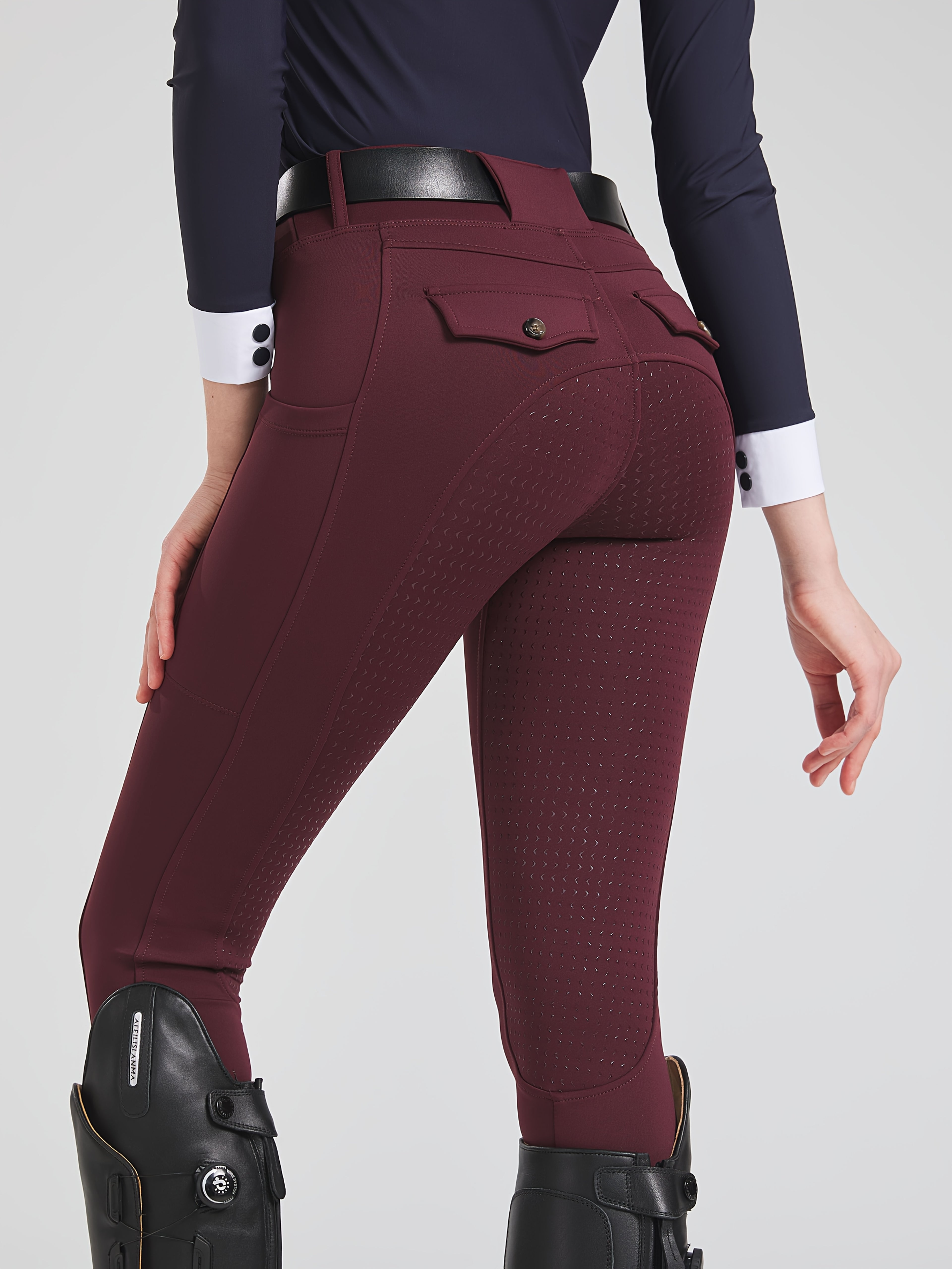 High-Elasticity Brushed Fabric Equestrian Pants with Silicone Grip, All-Season Horse Riding Tights with Pockets, Breathable and Durable