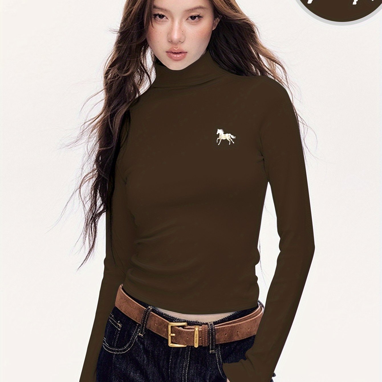Women'S Elegant Half-Turtleneck Long Sleeve T-Shirt - Soft Fleece-Like Fabric, Black with White Horse Silhouette & Golden Accents, Machine Washable, Versatile Casual & Formal Wear, Winter Warmth, 2025 Autumn Winter Essential,
