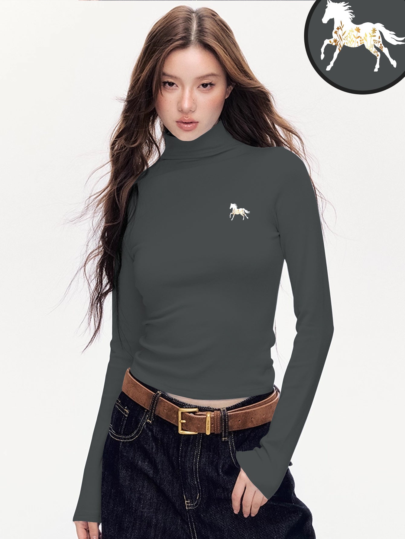 Women'S Elegant Half-Turtleneck Long Sleeve T-Shirt - Soft Fleece-Like Fabric, Black with White Horse Silhouette & Golden Accents, Machine Washable, Versatile Casual & Formal Wear, Winter Warmth, 2025 Autumn Winter Essential,