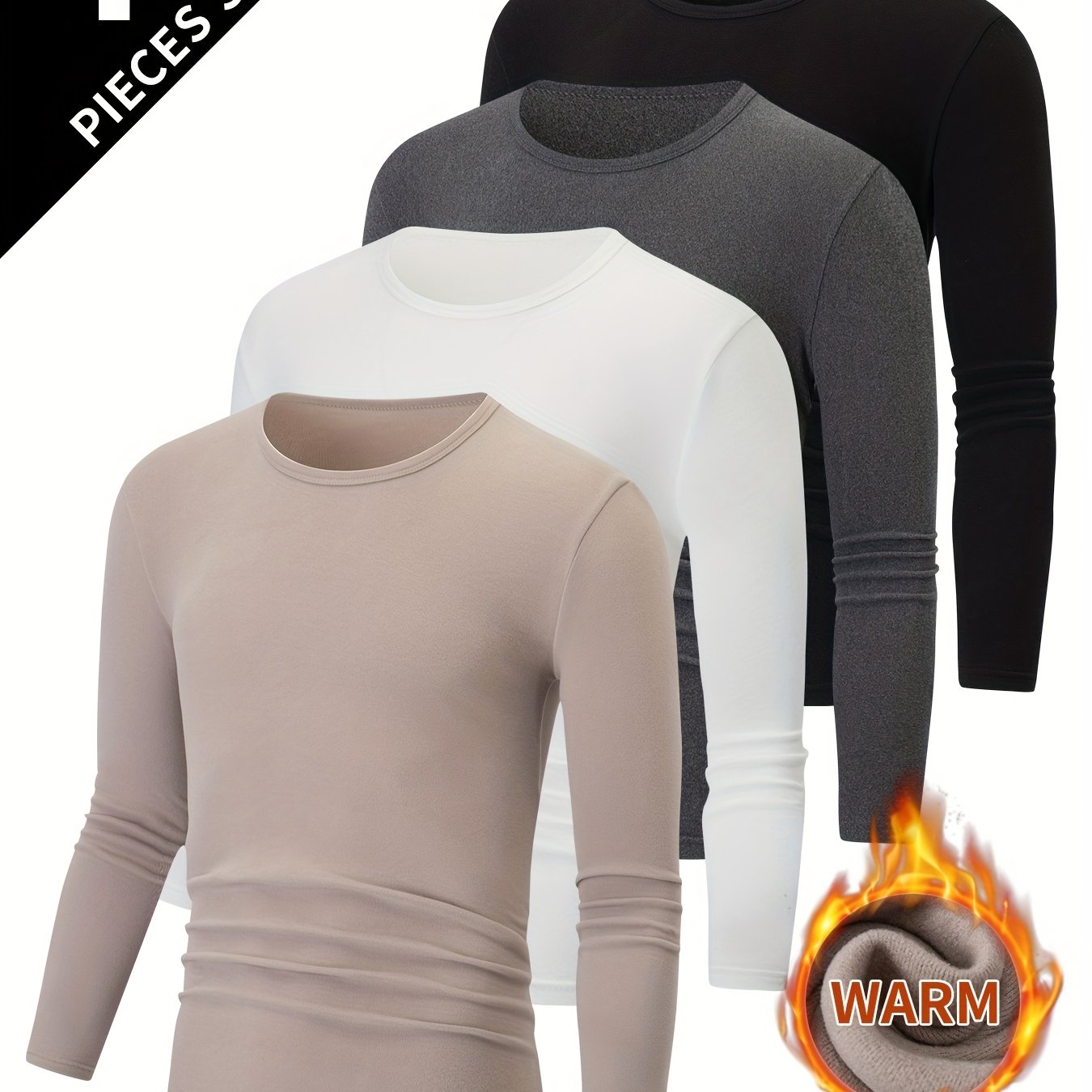 4pcs Men's Thermal Base Layer Long Sleeve Round Neck T-Shirts - Solid Color Warm Winter Layering Shirts, Casual Underwear for Cold Weather, Hand Washable (Bulk Pack for Easy Organization) - Compatible with Jeans & Dress Pants
