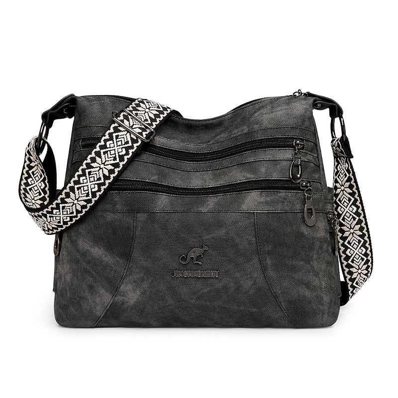 Vintage Style Women'S Shoulder Bag with Adjustable Strap, Multiple Zip Compartments, Synthetic Faux Leather, Polyester Lined - Available in Khaki, Black, Blue, Dark Green, Occasion Theme with Occasion Closure