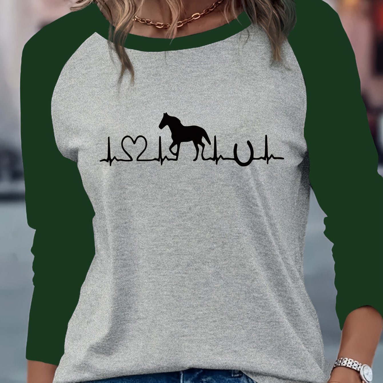 1pc Women'S Casual Horse Heartbeat Graphic T-Shirt, Polyester Knit Crew Neck Long Sleeve Pullover with Medium Stretch, Regular Fit All-Season Tee