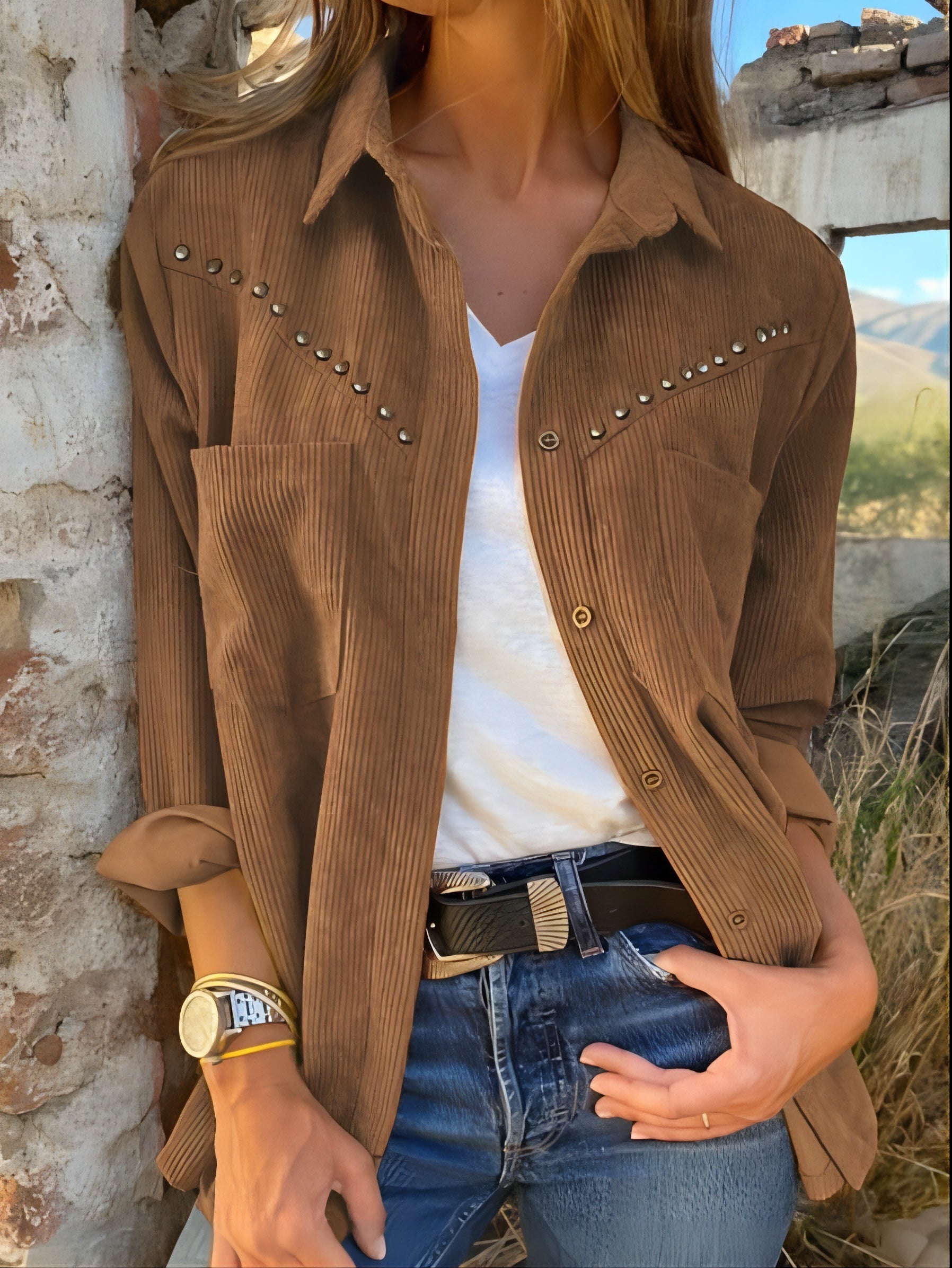 Vintage-Inspired Solid Color Button-Up Shirt with Pockets - Long Sleeve, Polyester, Machine Washable - Elegant Women's Fashion