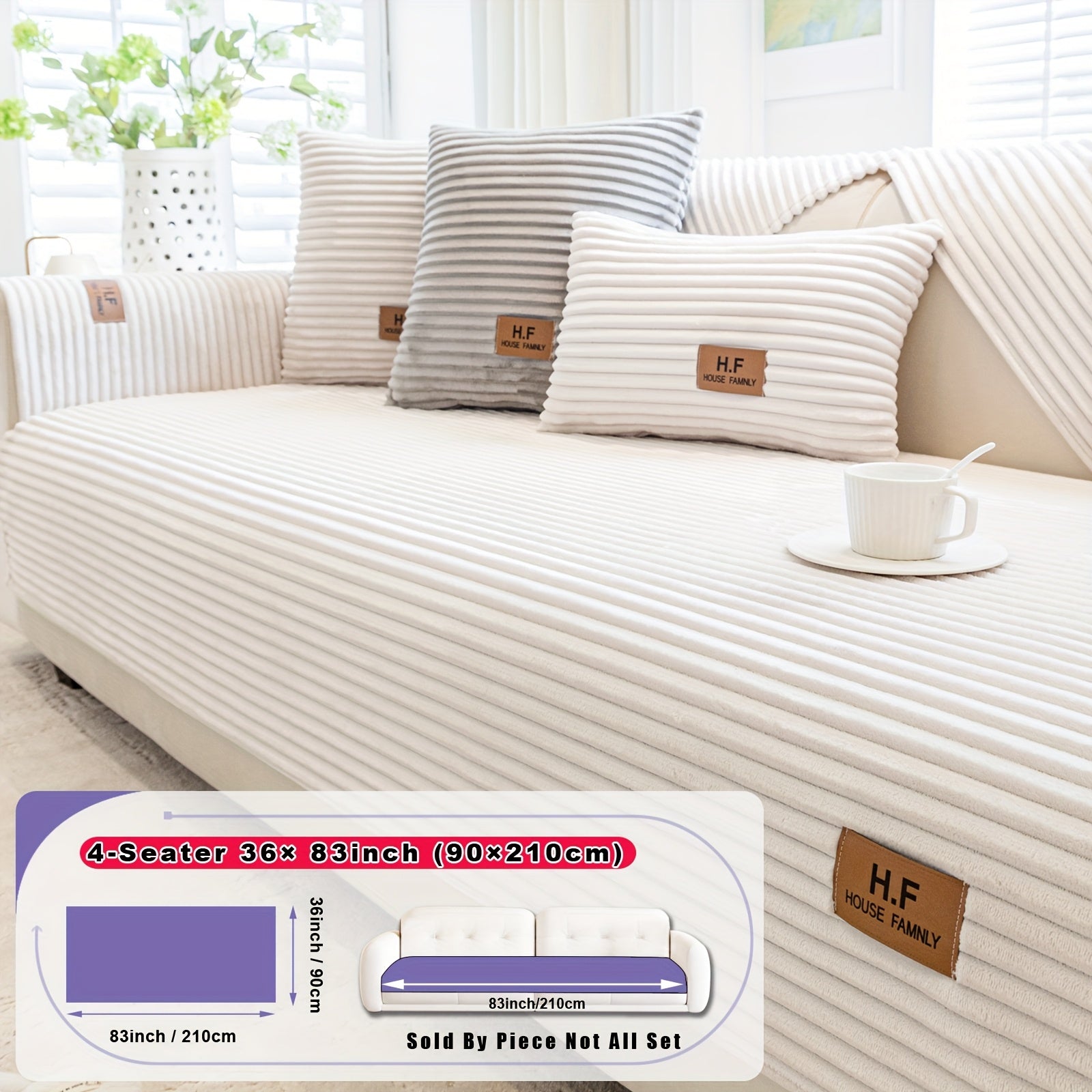 1pc HF Modern Plush Flannel Sofa Cushion Cover - Pet-Friendly Non-Slip Sofa Protector with Striped Design & Leather-Like Patches, Machine Washable Furniture Cover for 3/2/4-Seater, Living Room, Bedroom, Office Decor, Bedroom
