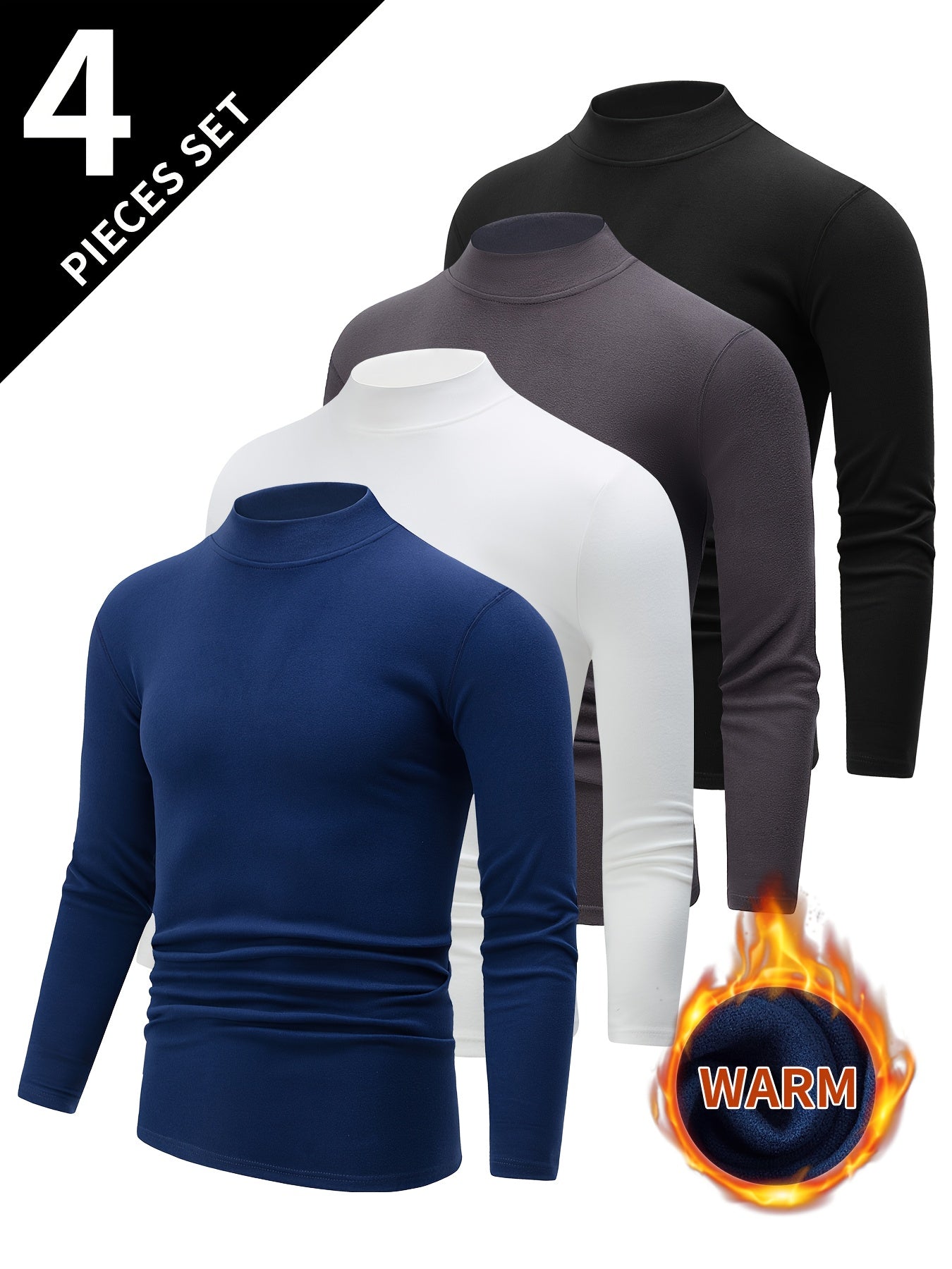 4pcs Men's Thermal Base Layer Long Sleeve Round Neck T-Shirts - Solid Color Warm Winter Layering Shirts, Casual Underwear for Cold Weather, Hand Washable (Bulk Pack for Easy Organization) - Compatible with Jeans & Dress Pants