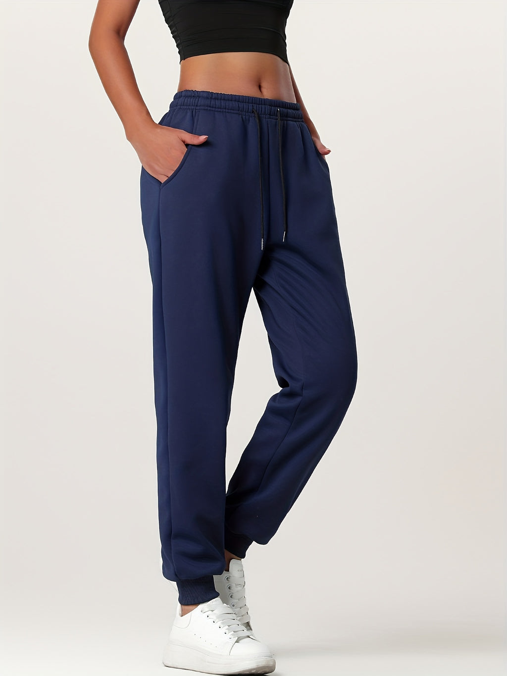 1pc Autumn Winter Women's Long Pants, Fleece-Lined Warm Casual Sports Trousers with Elastic Drawstring Waist, Slant Pockets, Windproof Thermal Cuffed Pants for Winter Daily Home Outing Hiking Leisure Wear