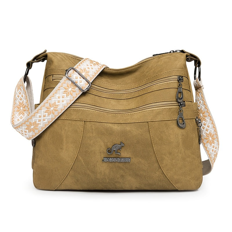 Vintage Style Women'S Shoulder Bag with Adjustable Strap, Multiple Zip Compartments, Synthetic Faux Leather, Polyester Lined - Available in Khaki, Black, Blue, Dark Green, Occasion Theme with Occasion Closure