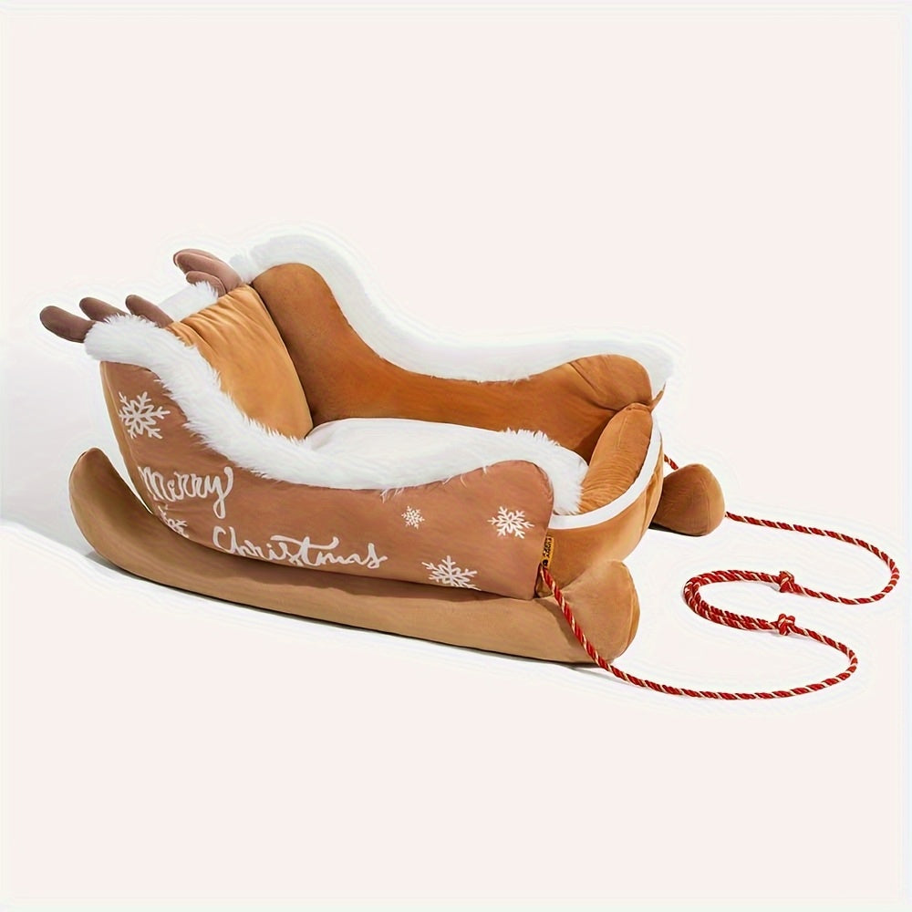 Festive Christmas Plush Sled Dog Bed with Red & White Snowflakes & "Merry Christmas" Text - Cozy Polypropylene Fabric Pet Bed for Small to Large Dogs, /Outdoor Use, Sleigh-Shaped Kennel for Pomeranian, Chihuahua, German Sheph