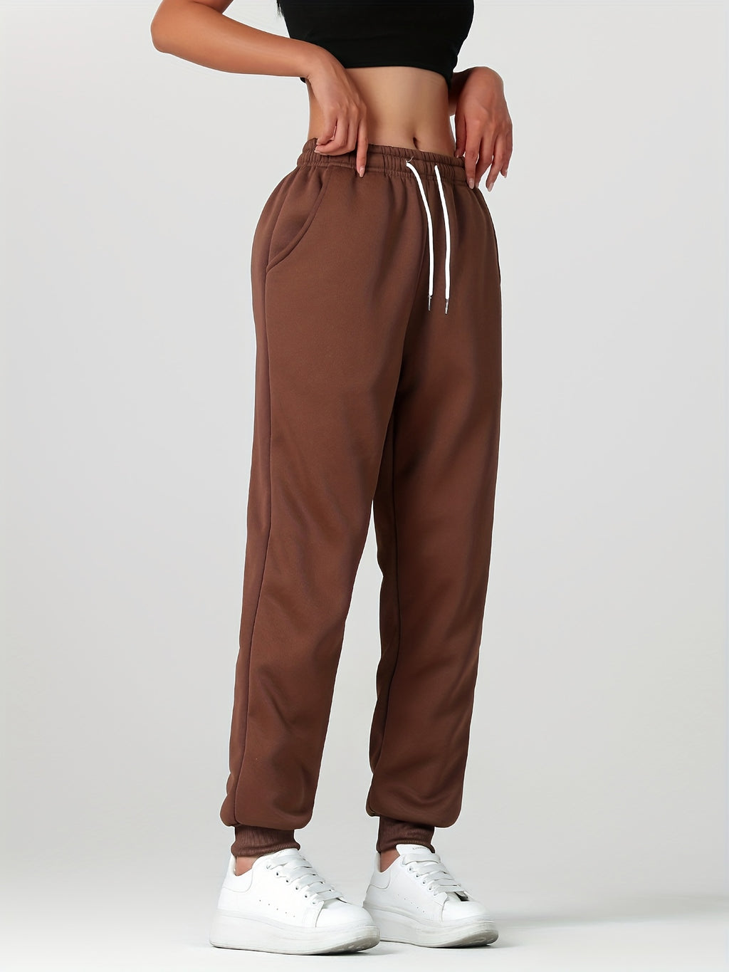 1pc Autumn Winter Women's Long Pants, Fleece-Lined Warm Casual Sports Trousers with Elastic Drawstring Waist, Slant Pockets, Windproof Thermal Cuffed Pants for Winter Daily Home Outing Hiking Leisure Wear