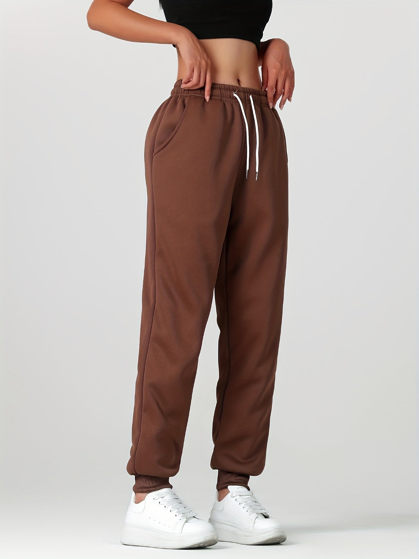 1pc Autumn Winter Women's Long Pants, Fleece-Lined Warm Casual Sports Trousers with Elastic Drawstring Waist, Slant Pockets, Windproof Thermal Cuffed Pants for Winter Daily Home Outing Hiking Leisure Wear