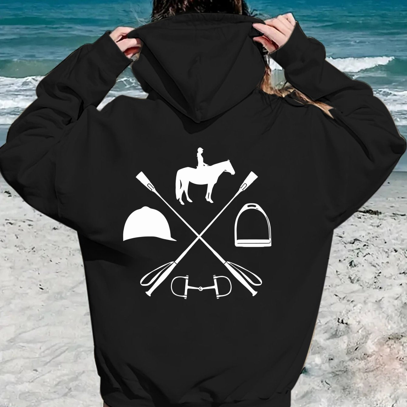 Women's Hooded Sweatshirt - Japanese Horseback Riding Design with Horse & Jockey Print, Soft Loose-Fit Pullover, Machine Washable All-Season Casual Sweater for Horse Riding & Casual Attire (Pockets, Long Sleeve) - Ideal for E
