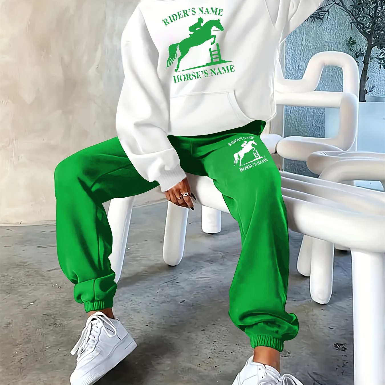 2025 Autumn/Winter New Arrival, Rider and Horse Pattern, Casual Letter Print Loose Warm Long Sleeve Hooded Sweatshirt and Drawstring Pants Women'S Two-Piece Set, Winter Clothing, Casual Wear, Trendy Outfit, Hooded Sweatshirt,