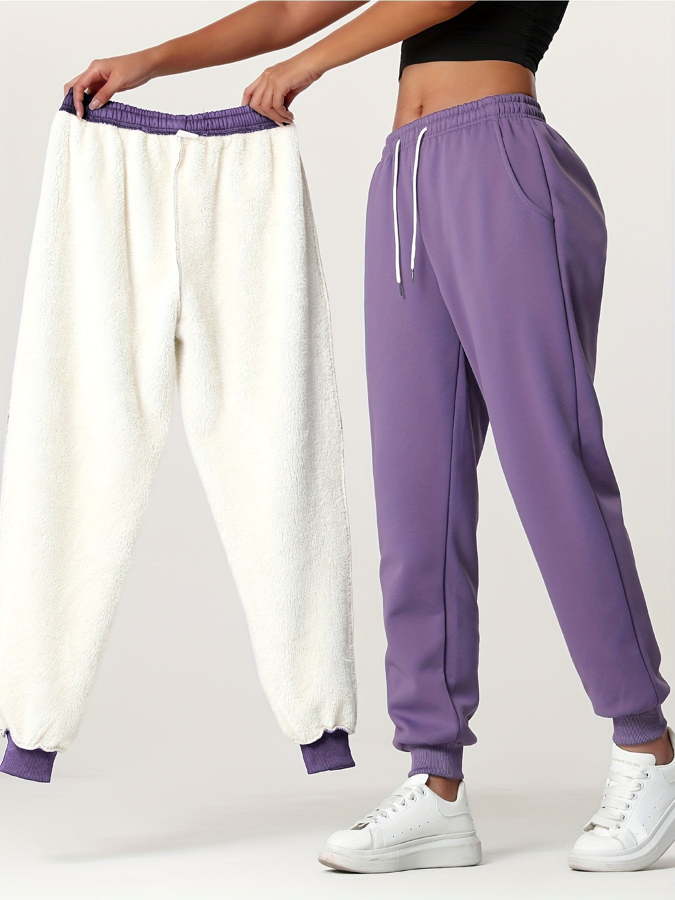 1pc Autumn Winter Women's Long Pants, Fleece-Lined Warm Casual Sports Trousers with Elastic Drawstring Waist, Slant Pockets, Windproof Thermal Cuffed Pants for Winter Daily Home Outing Hiking Leisure Wear