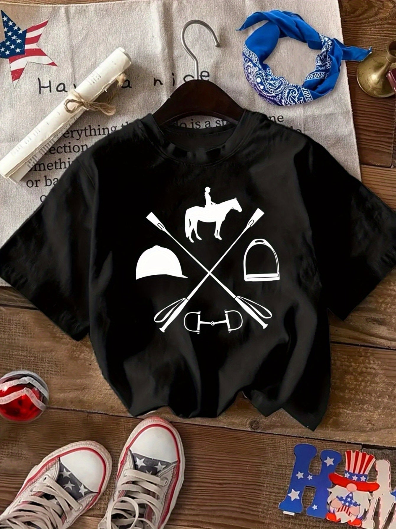 Women's Equestrian & Geometric Print Short Sleeve Crew Neck T-Shirt - Vibrant Red with Black Horseback Riding Design, Breathable Machine-Washable Casual Top for Summer, Spring & All-Season Wear, Horse Shirt, Summer Fashion, S