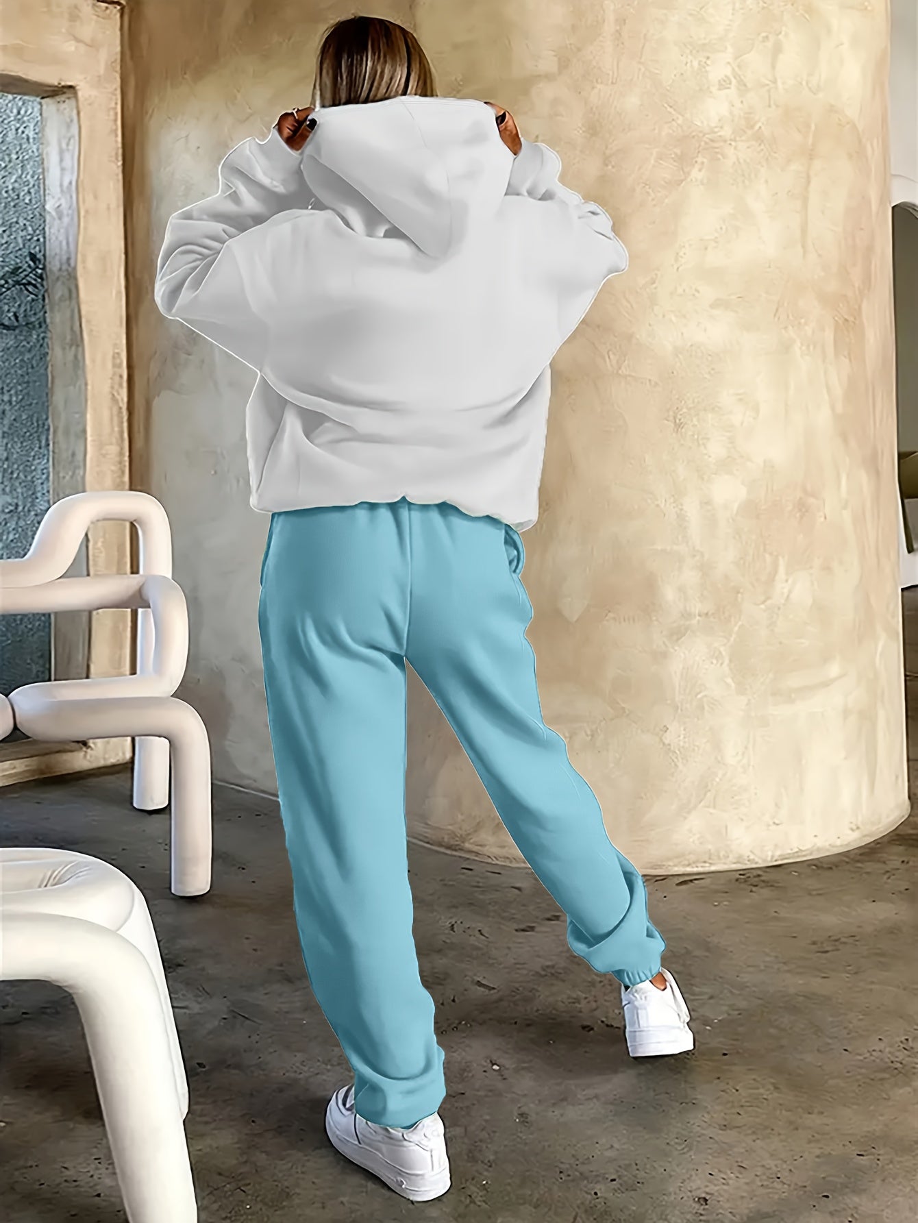 2025 Autumn/Winter New Arrival, Rider and Horse Pattern, Casual Letter Print Loose Warm Long Sleeve Hooded Sweatshirt and Drawstring Pants Women'S Two-Piece Set, Winter Clothing, Casual Wear, Trendy Outfit, Hooded Sweatshirt,